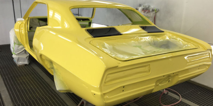 The body of the 1969 Chevy Camaro painted