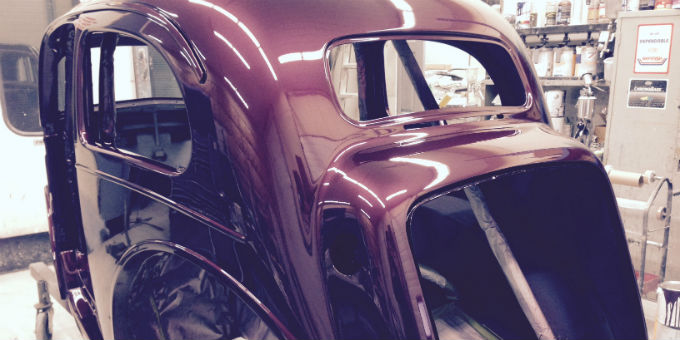 The body of Dave’s 1948 Ford Anglia is painted